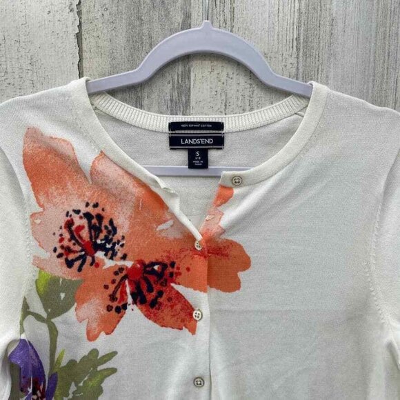 Lands' End Cardigan‎ Sweater Womens Small 6-8 White Cotton Watercolor Floral NEW - Picture 2 of 7